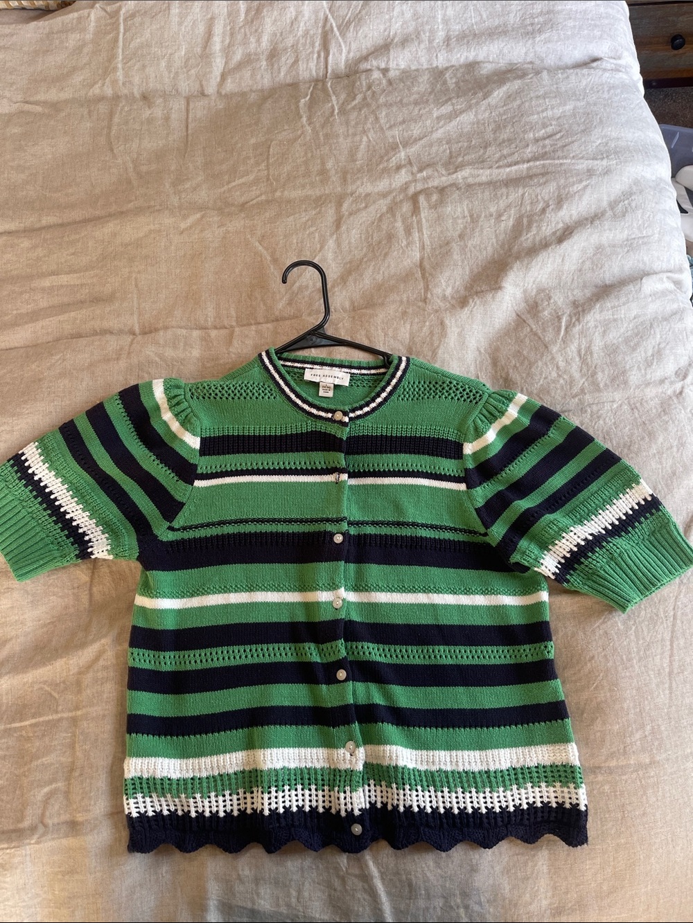 Striped Short-Sleeve Knit Cardigan in Green